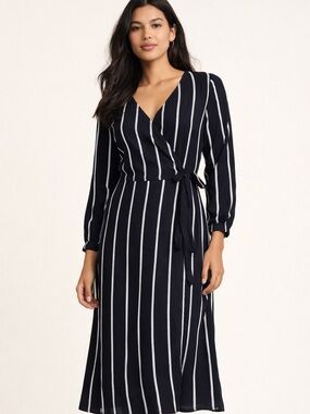 H&M Navy Blue White Striped Wrap Midi Dress Long Sleeve Tie Waist Size 10